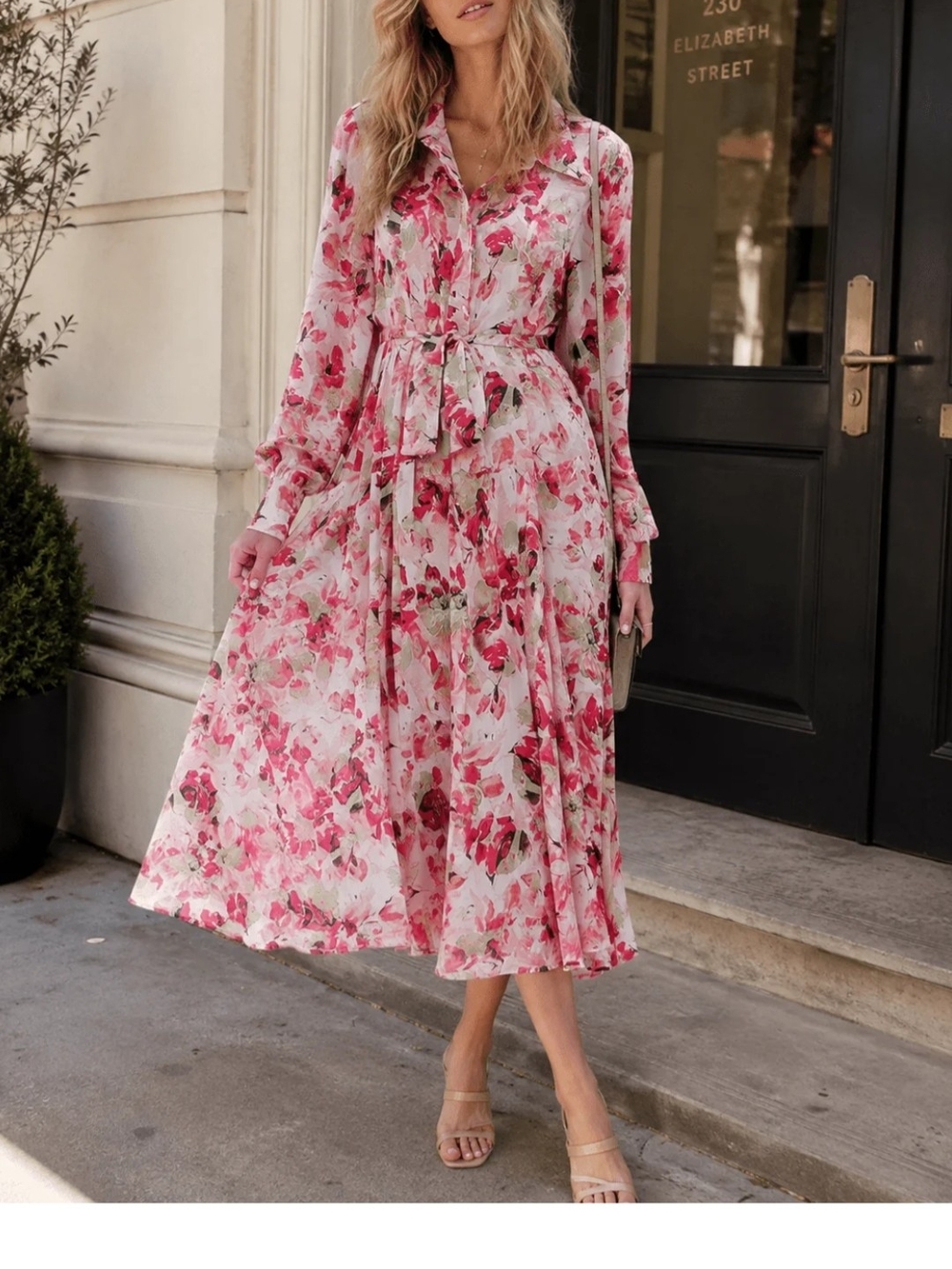 Beulah Elegant Soft Pink Flowy Long-Sleeve Floral Dress Self Tie Waist